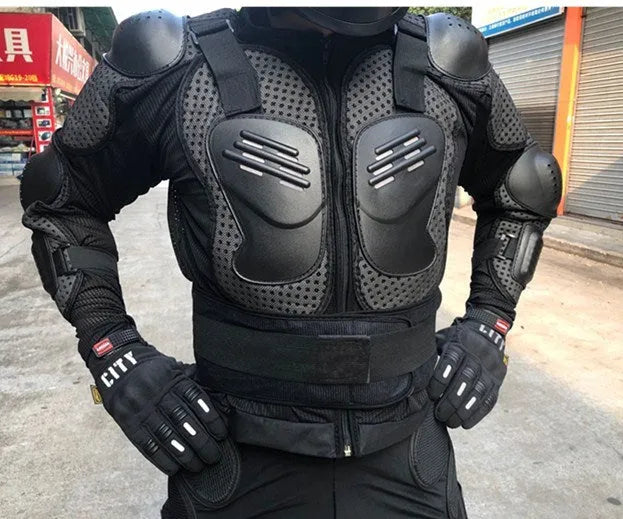 Black plastic motorcycle fall protection armour jacket for riders on white background