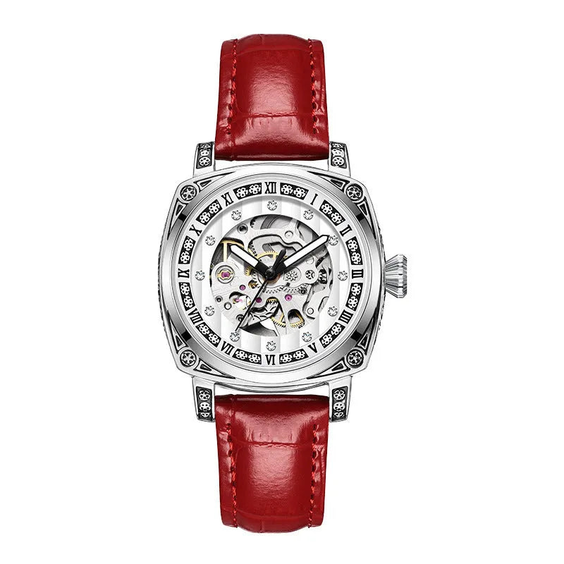 Men's mechanical analogue watch with luminous hands on a leather strap, shown in multiple colour options.