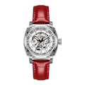 Men's mechanical analogue watch with luminous hands on a leather strap, shown in multiple colour options.