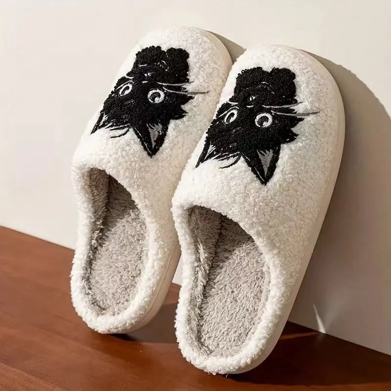 White plush slippers with Black Beard Cat couple cartoon pattern and non-slip TPR soles.