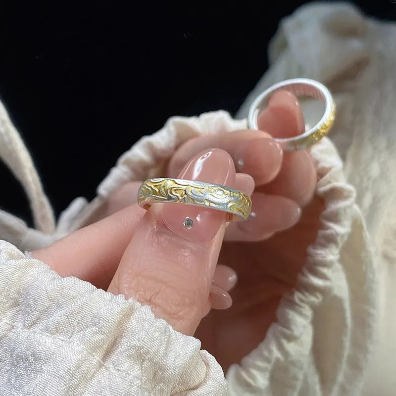 White copper xiangyun pattern adjustable ring with electroplated silver and gold finishes