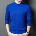 Men's round neck long sleeve wool and mulberry silk sweater in various colours on size chart background.