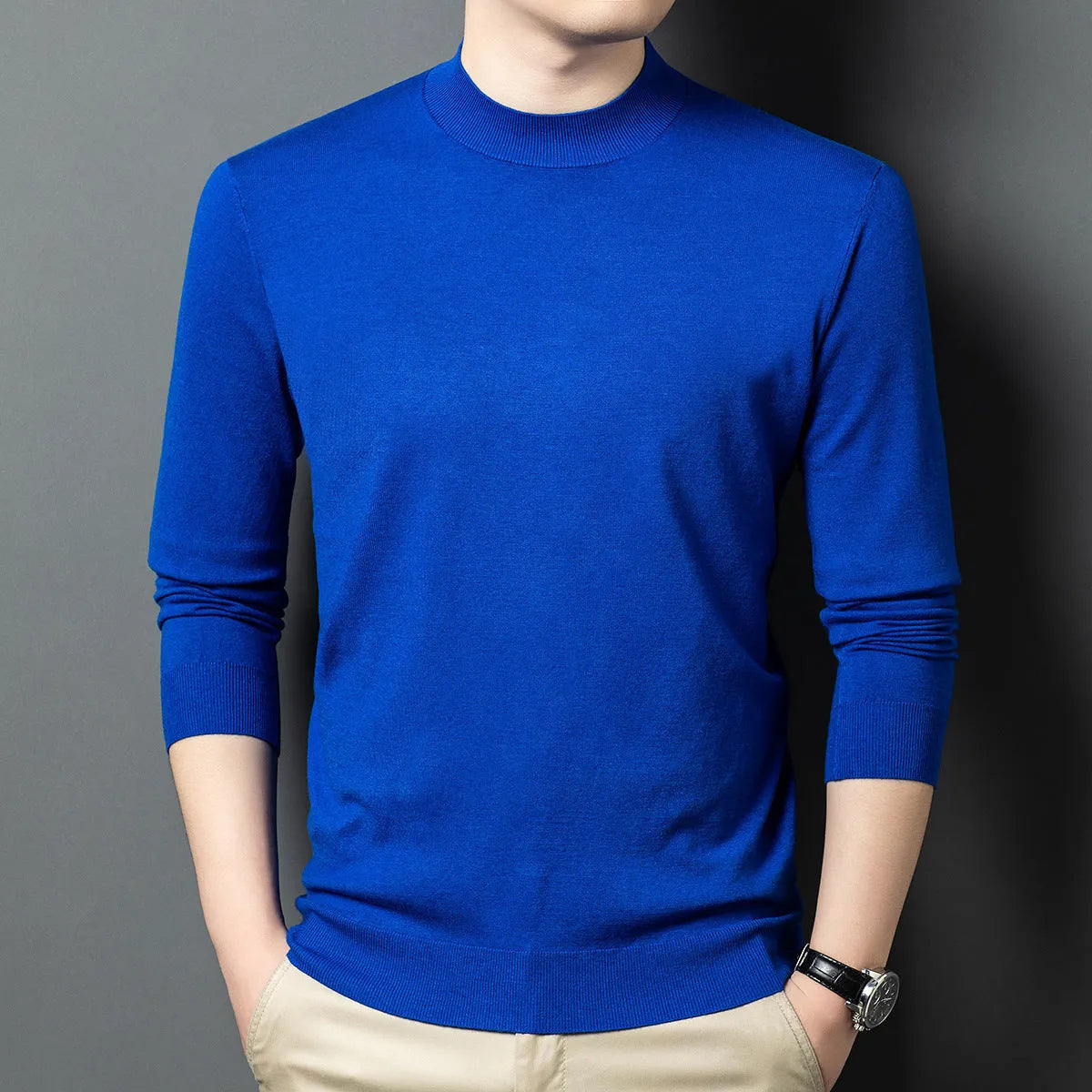 Men's round neck long sleeve wool and mulberry silk sweater in various colours on size chart background.