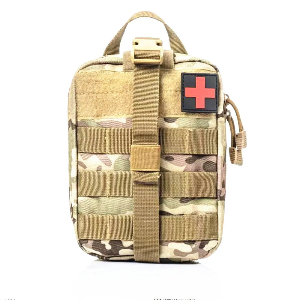 Taupe camouflage tactical first aid bag with 35-piece survival kit including bandages, tourniquet, and scissors