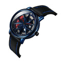 Men's creative sports belt watch with black strap and alloy case, 30m waterproof, quartz movement, front view.