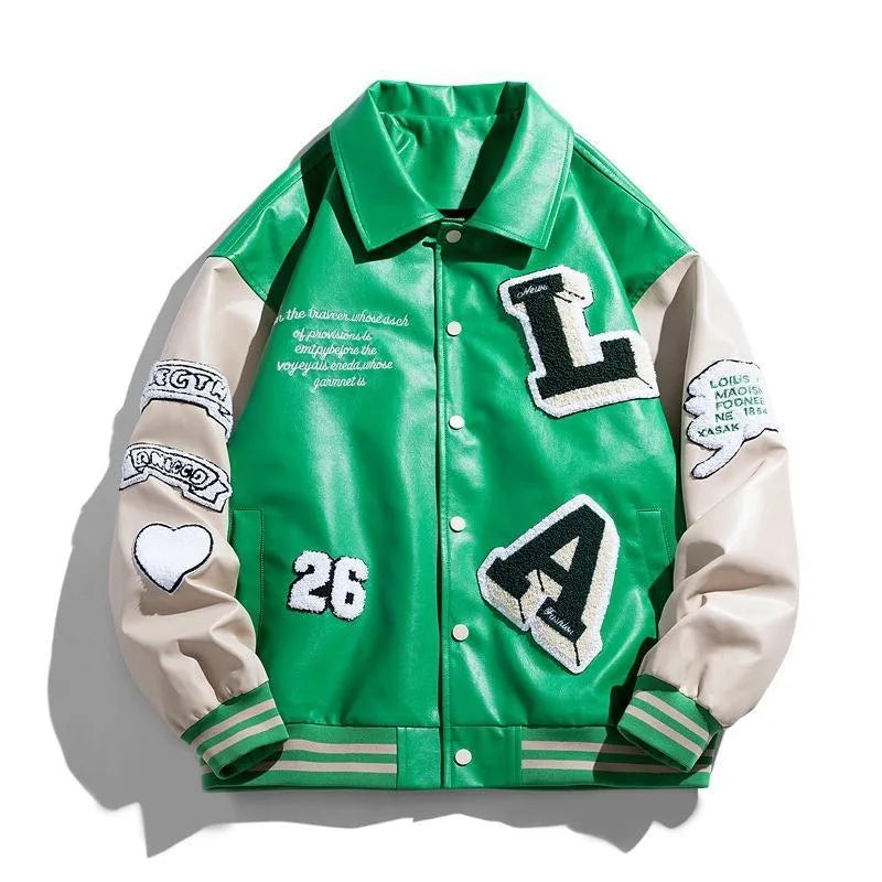 Men's loose fit lapel jacket in green, black or brown, sizes M to 5XL, with side seam pockets and polyester lining.