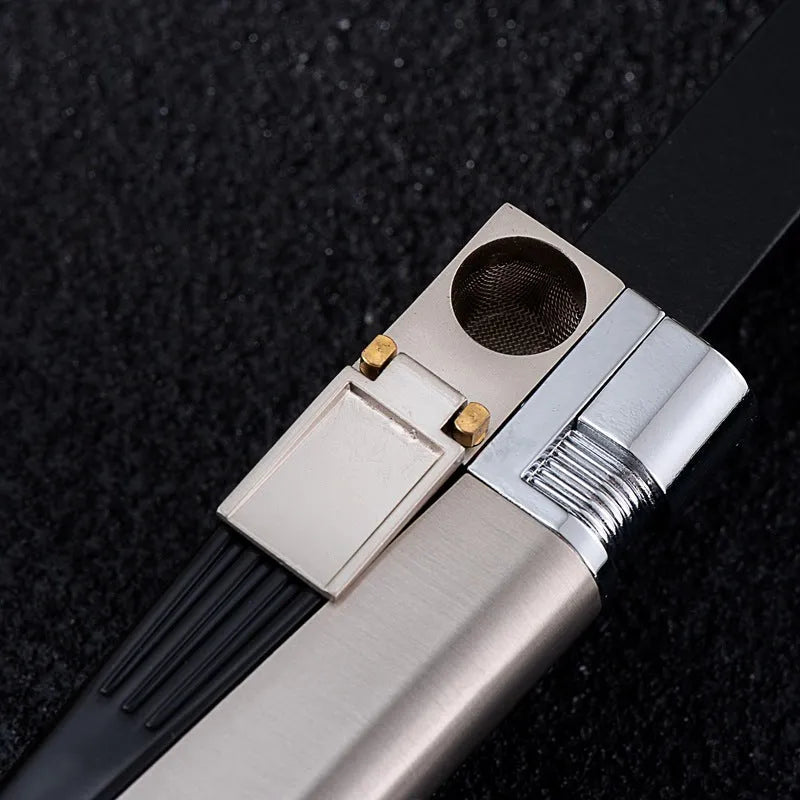 Silver foldable metal pipe lighter showing open flame and stash compartment.