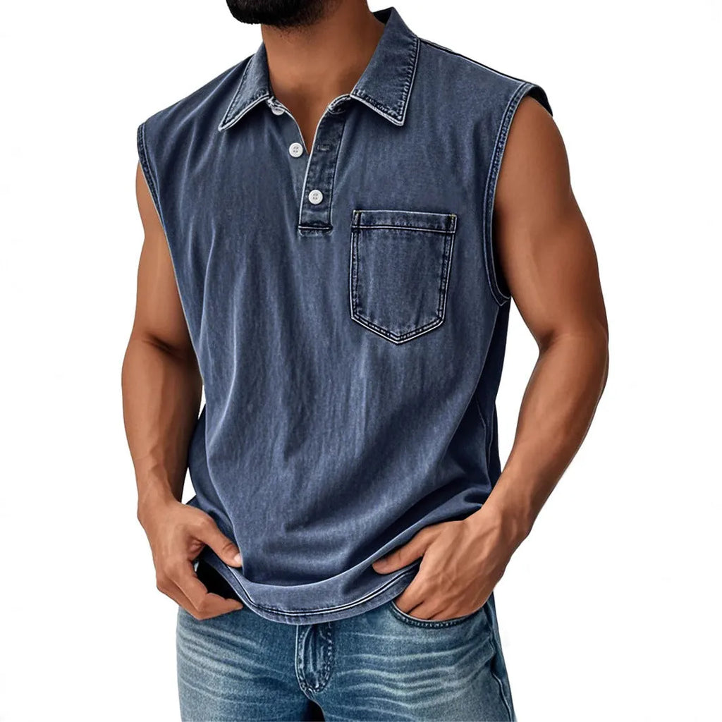 Man wearing a short-sleeved 3D digitally printed button polo shirt in a loose fit.