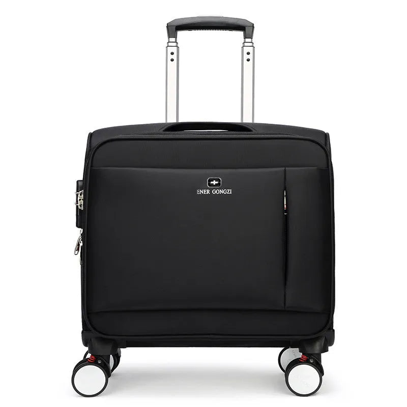 Black 18-inch Oxford cloth carry-on suitcase with universal wheels and retractable handle