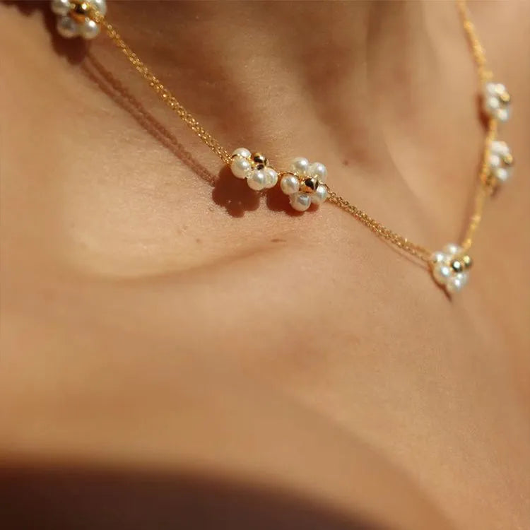 Gold plated pearl flower necklace with alloy chain, 40cm length and 5cm extension chain for women