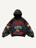 Men's printed hooded loose retro sweatshirt in black, long sleeve pullover style
