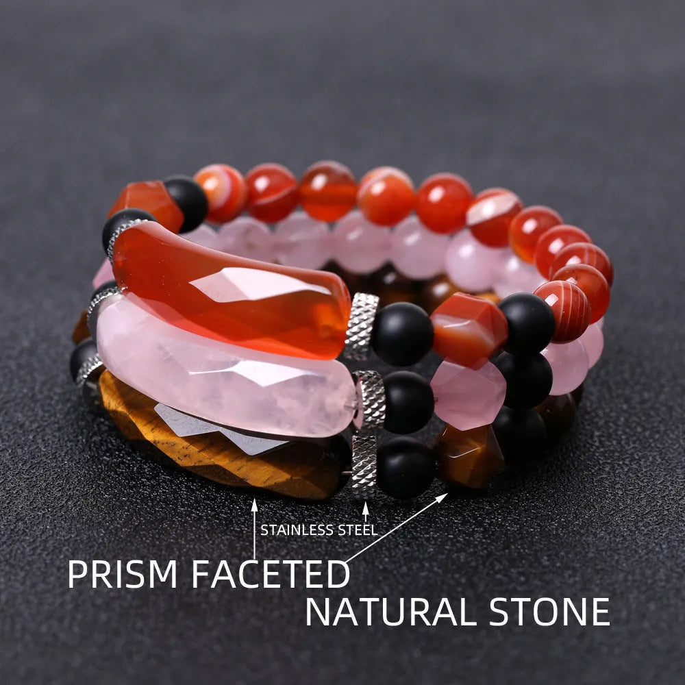 Handmade diamond-shaped cut agate geometric bracelet with fan design elements