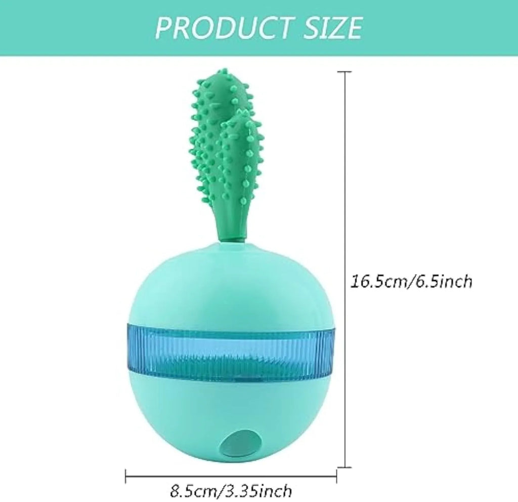 Blue and green durable rubber treat dispensing dog toy with tumbler ball design