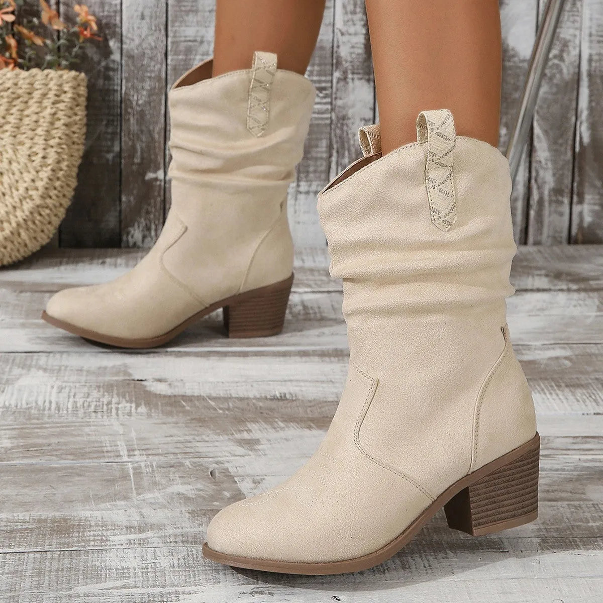 Women's mid-calf suede boots with stout heel in milky white or lotus root colour