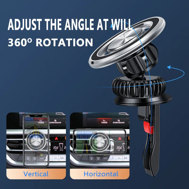 Magnetic car phone holder mounted on air vent with silver finish