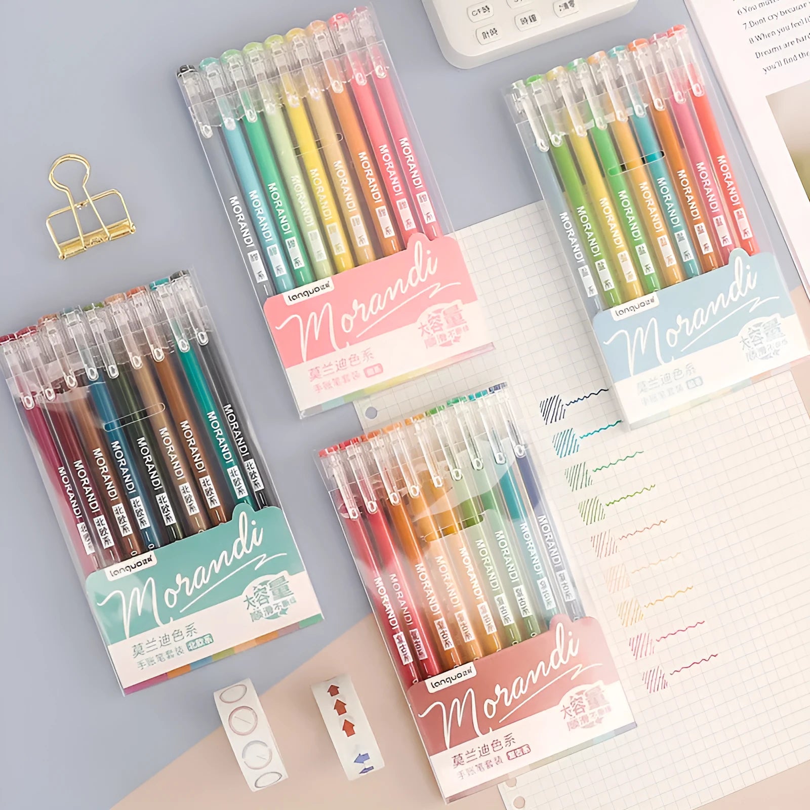 Set of nine retro colour gel pens with 0.5mm needle tips in plastic barrels