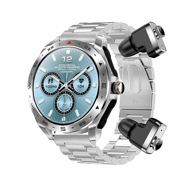 T95 Smart TWS smartwatch with black steel belt showing heart rate and time on IPS screen