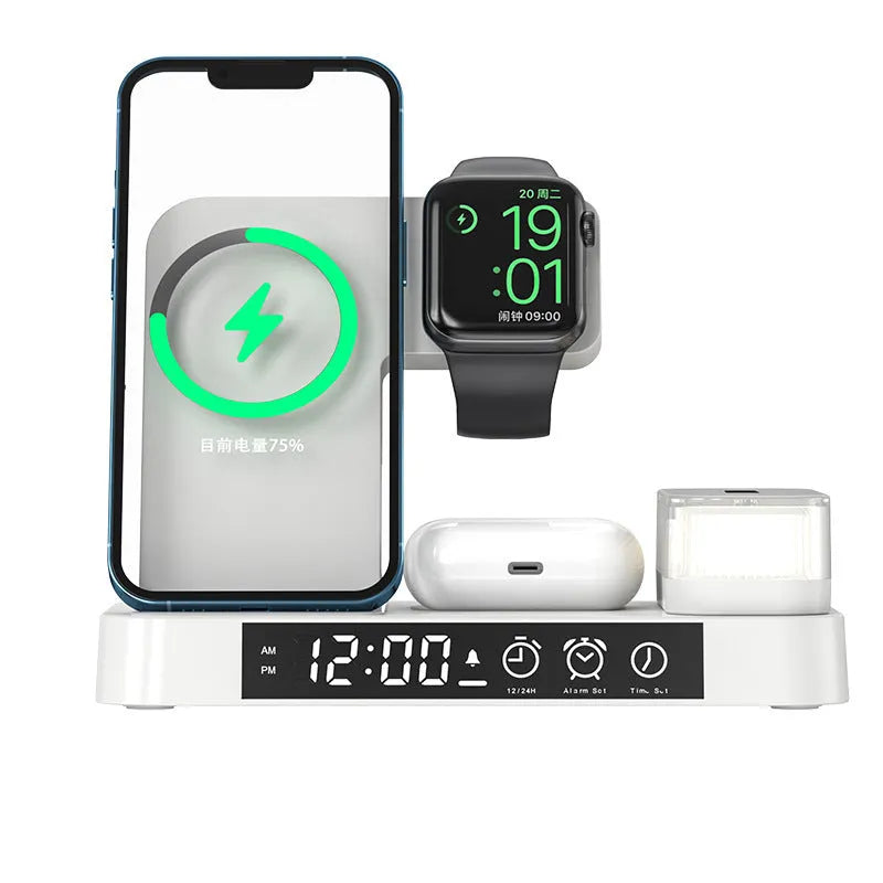Foldable wireless charging station showing alarm clock display, RGB night light, and phone charging surface