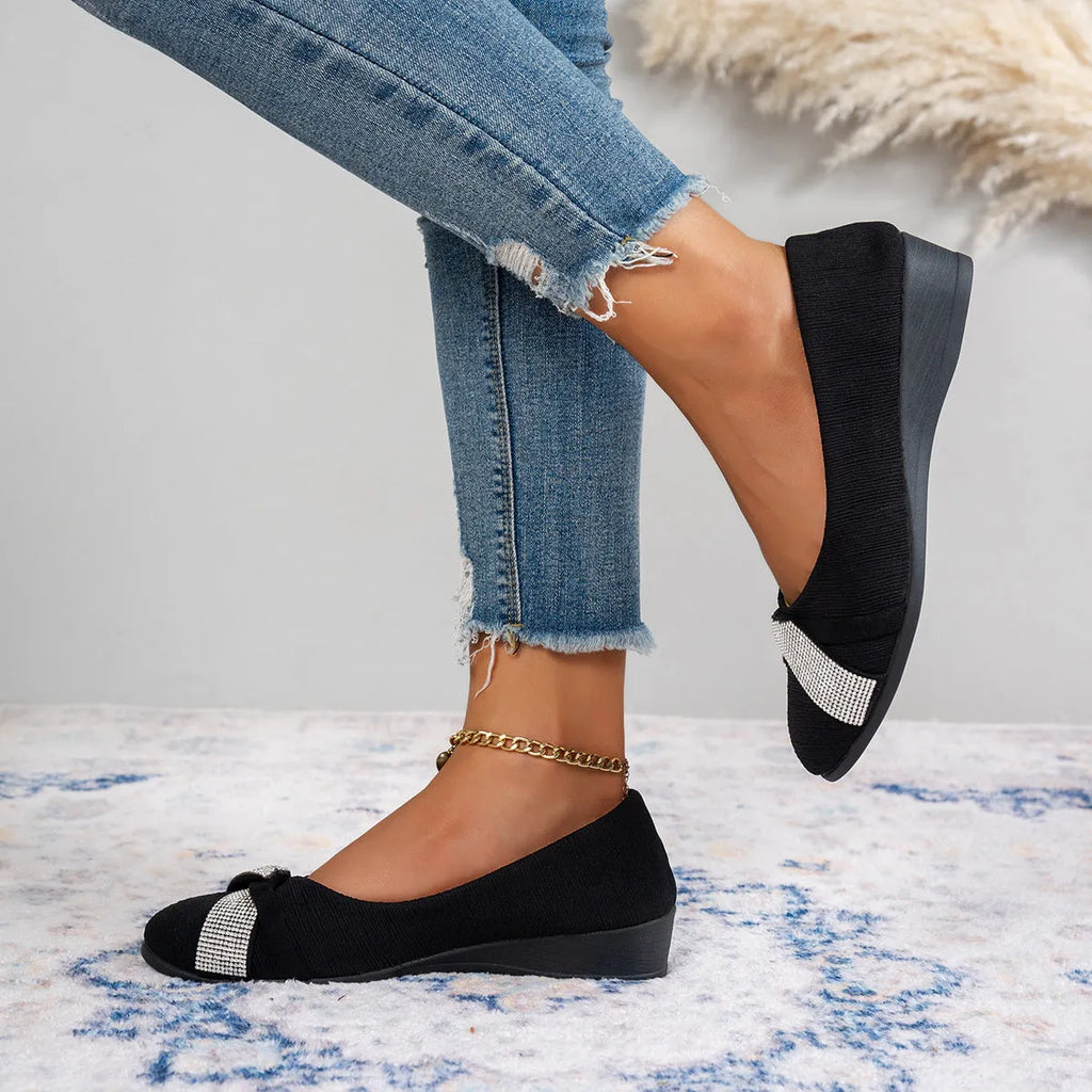 Women's black casual slip-on shoes with rhinestones and a chunky heel