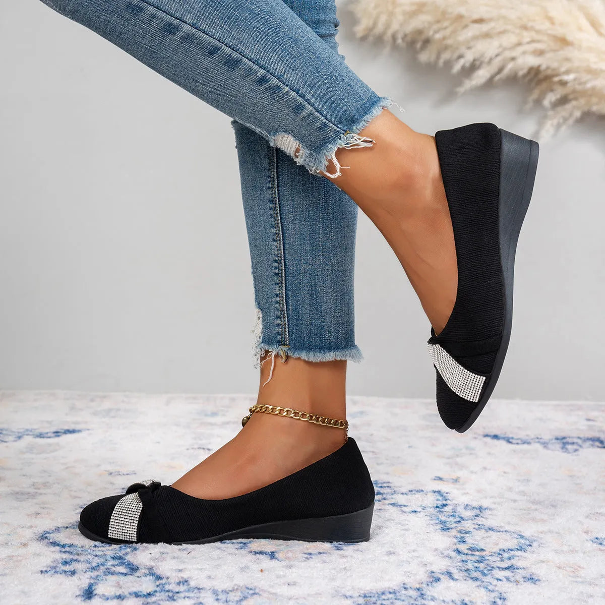 Women's black casual slip-on shoes with rhinestones and a chunky heel