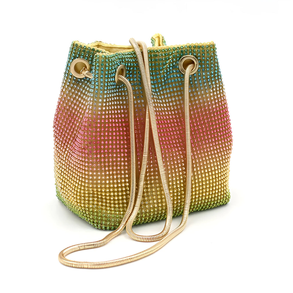 Colourful rhinestone bucket bag with glitter finish and soft fabric construction