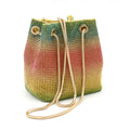 Colourful rhinestone bucket bag with glitter finish and soft fabric construction