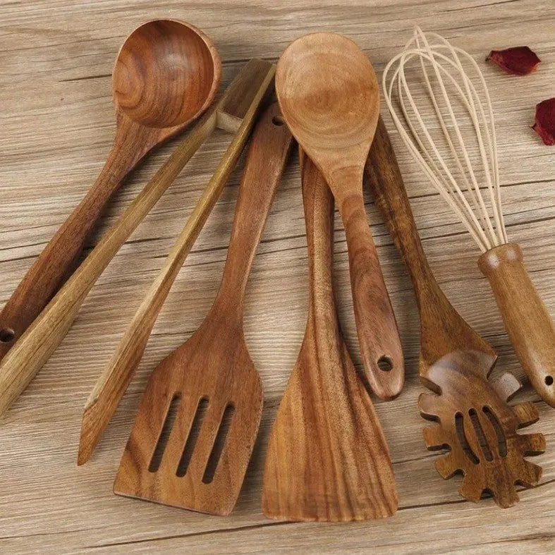 7-piece wooden cooking utensil set including spoon and spatula for non-stick pans