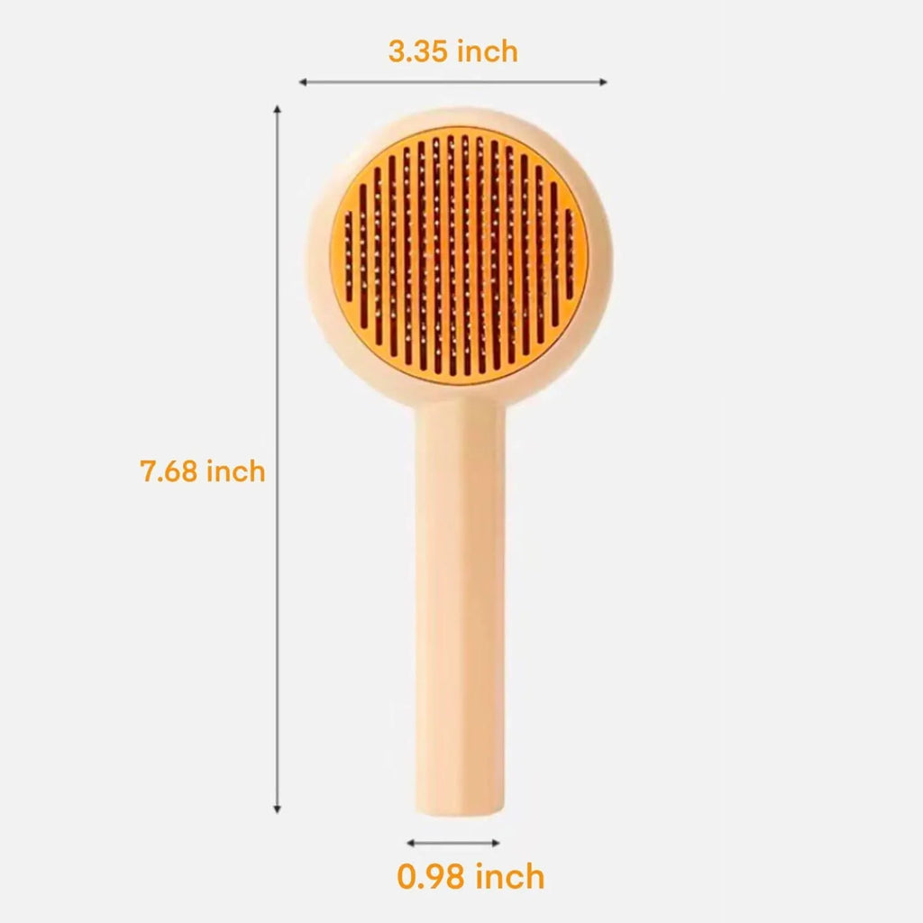 Blue self-cleaning pet grooming brush with angled metal needles and massage particles