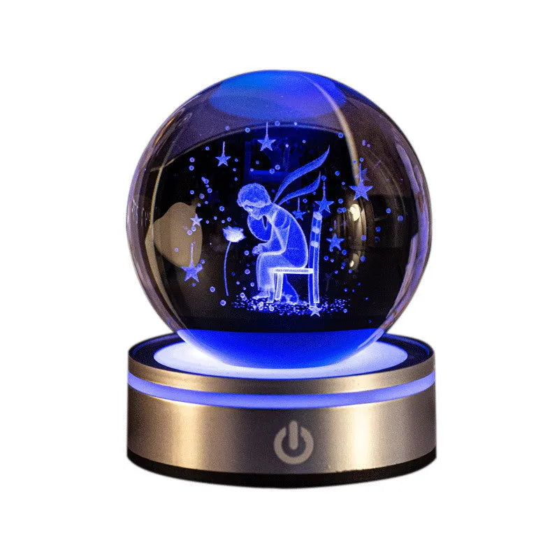 Creative 3D inner carving luminous crystal ball night lamp with colourful gradient, USB plug-in, and round touch base, 8cm diameter, white crystal material, astronaut style.