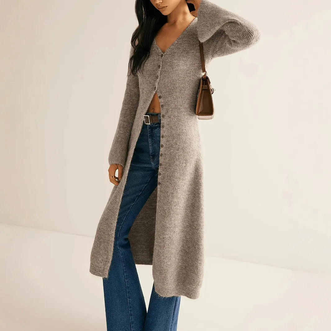 Khaki French retro cardigan coat with button front closure and long sleeves