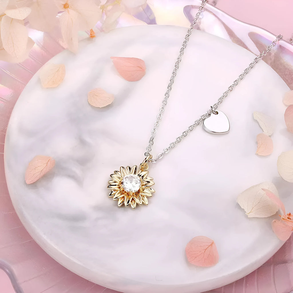 925 silver sunflower necklace with geometric daisy pendant on an adjustable cross chain