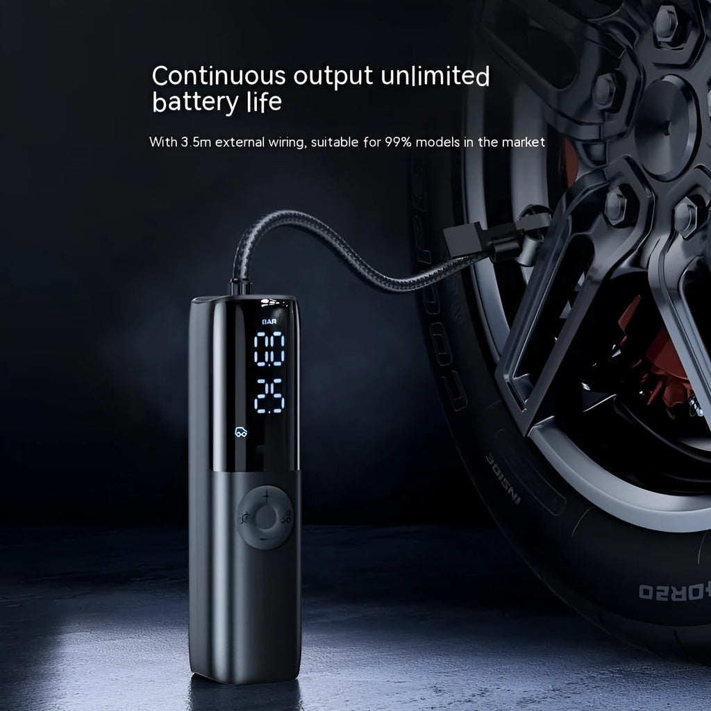 Black portable electric car air pump with pressure gauge and inflation tube