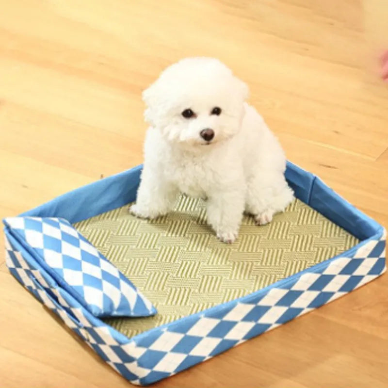 Blue rattan cat litter mat bed with integrated fabric cushion, shown in a large size.