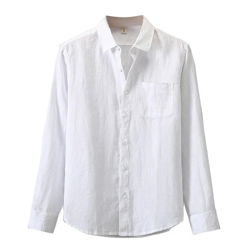 Chinese-style long sleeve linen cardigan in a loose fit, shown in a solid colour.