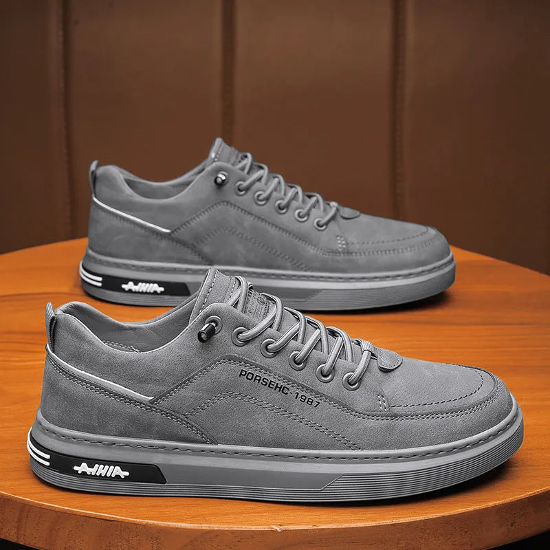 Men's waterproof casual shoes in khaki with round toe, flat rubber sole, and sewing thread detail
