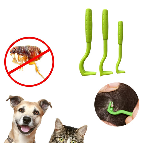 Three blue and green plastic pet tick removal tools with hook design on a white background