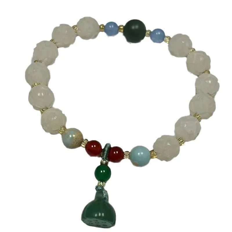 Carved bodhi root and white jade pumpkin lotus beads bracelet with cat's paw pendant.
