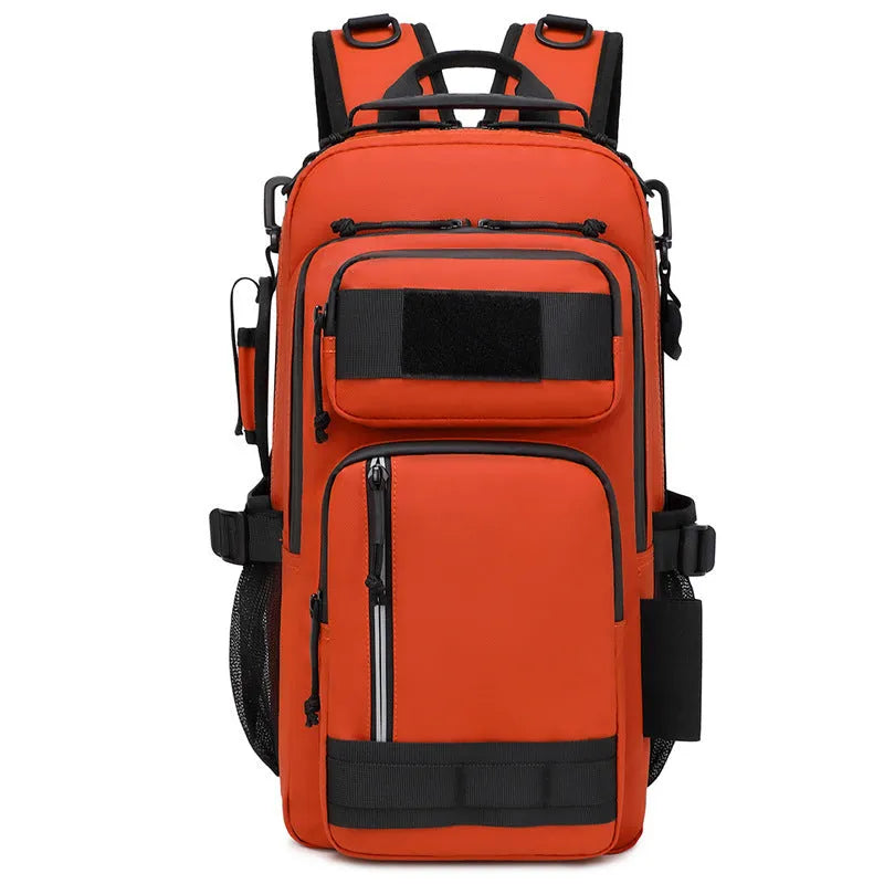 Orange Derm fabric outdoor backpack with 20-35L capacity shown from side perspective