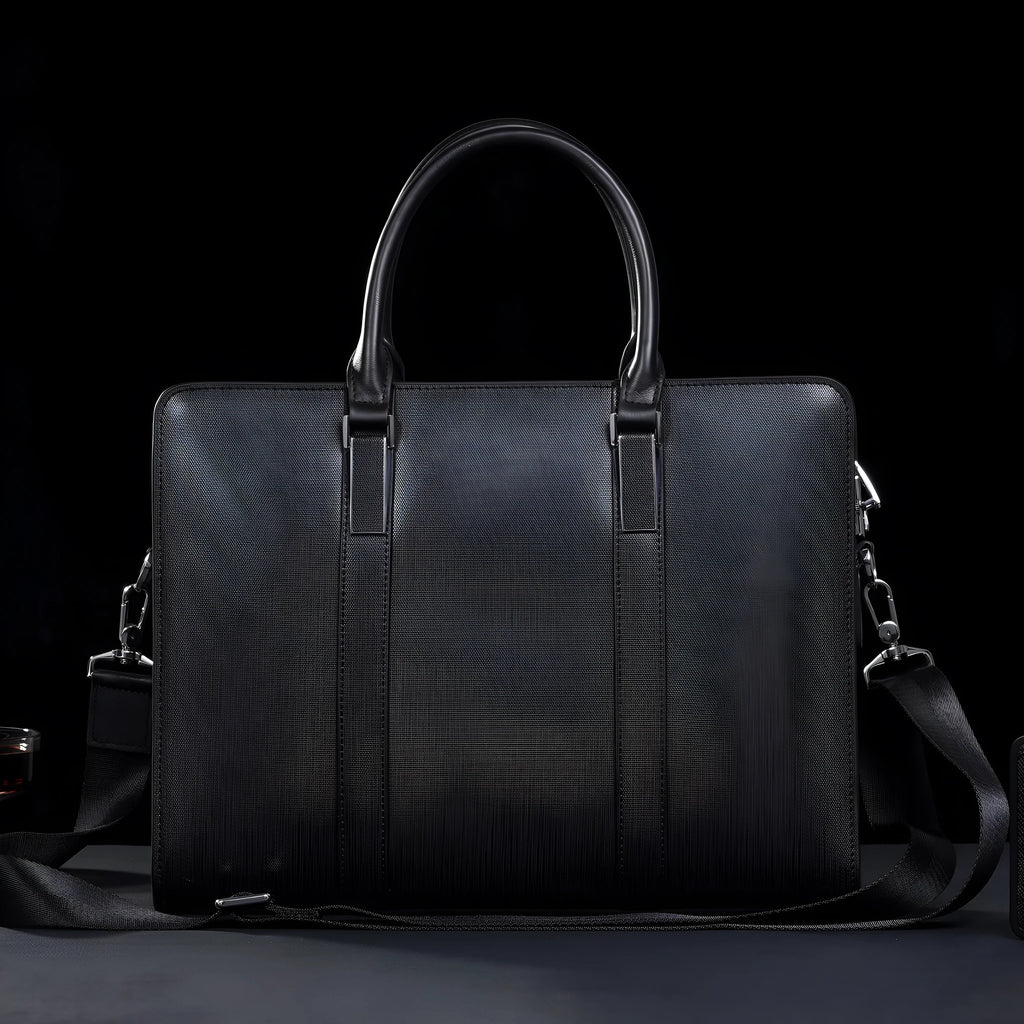Men's cowhide leather business handbag in black or brown with stitching, plaid and lock details