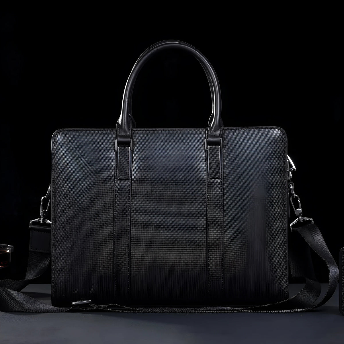Men's cowhide leather business handbag in black or brown with stitching, plaid and lock details
