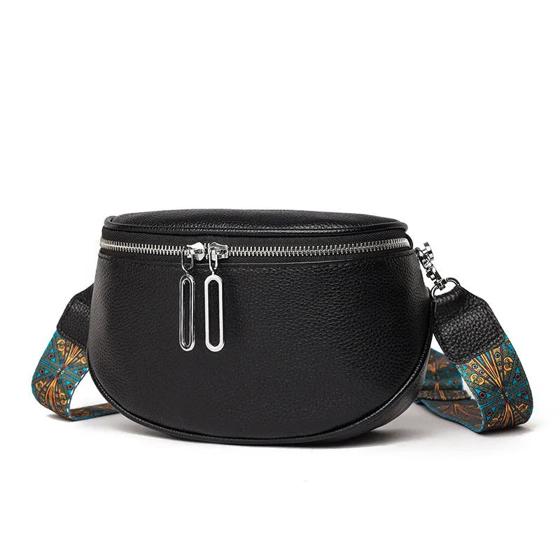 Women's soft PU leather messenger bag in saddle shape with cross-body strap and internal organisation