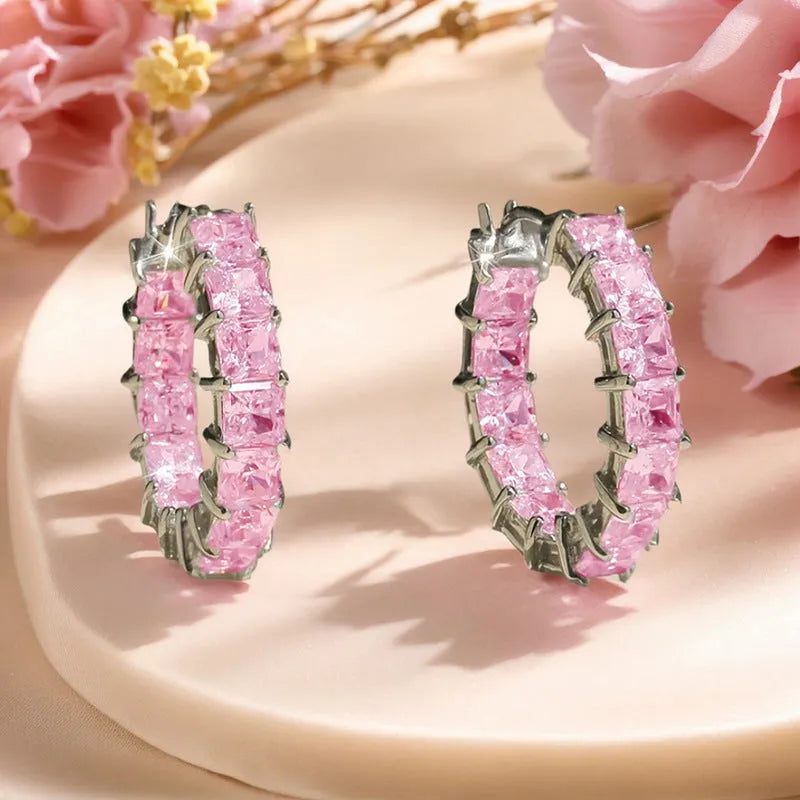 Women's copper micro inlaid square zircon earrings in white gold, yellow gold, and pink
