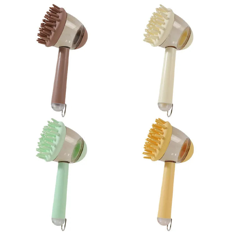 3 in 1 pet bath brush with shampoo dispenser, silicone soft nails, non-slip 18cm handle, for dogs and cats