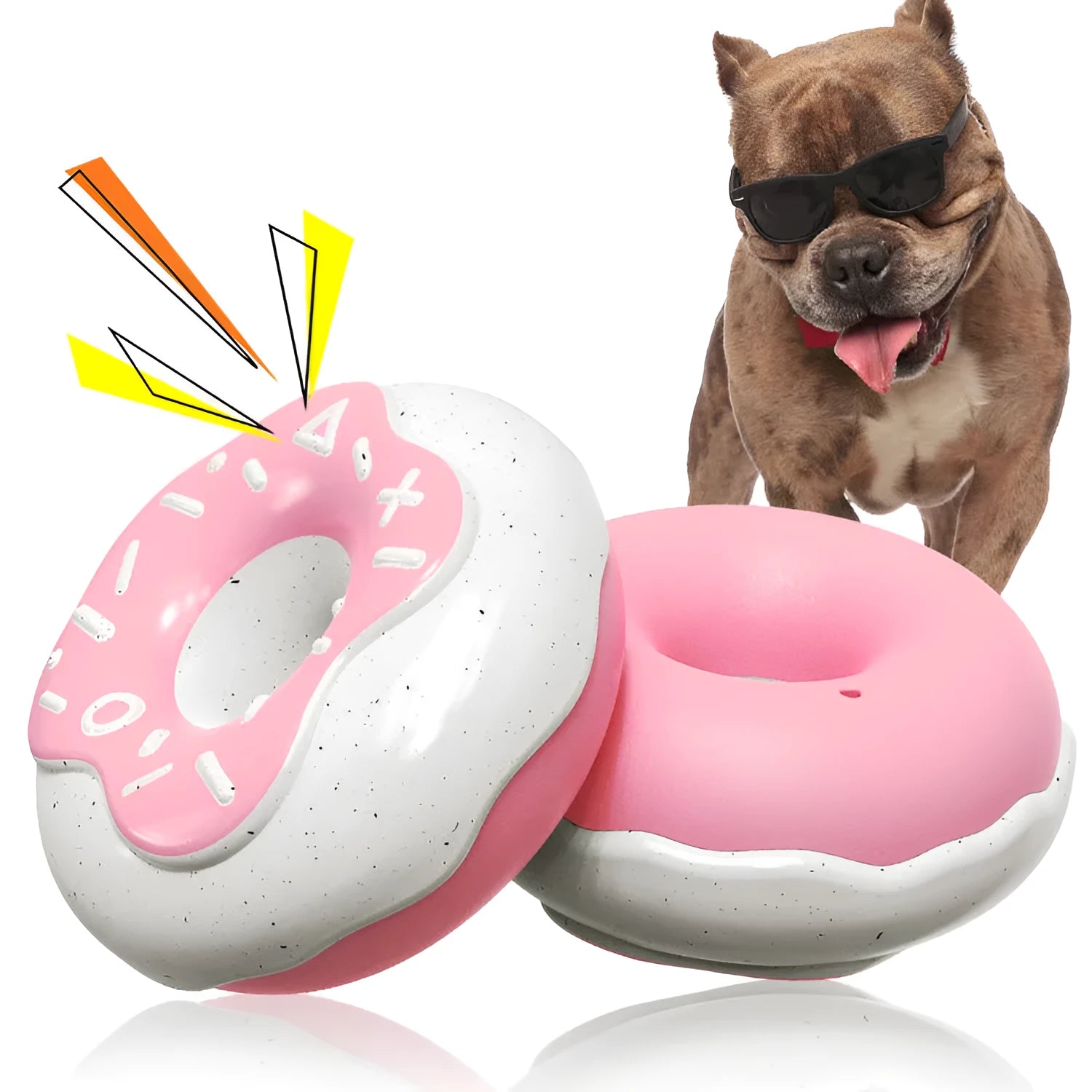TPR donut-shaped dog toy for teeth cleaning with sound, in pink, yellow or chocolate colours