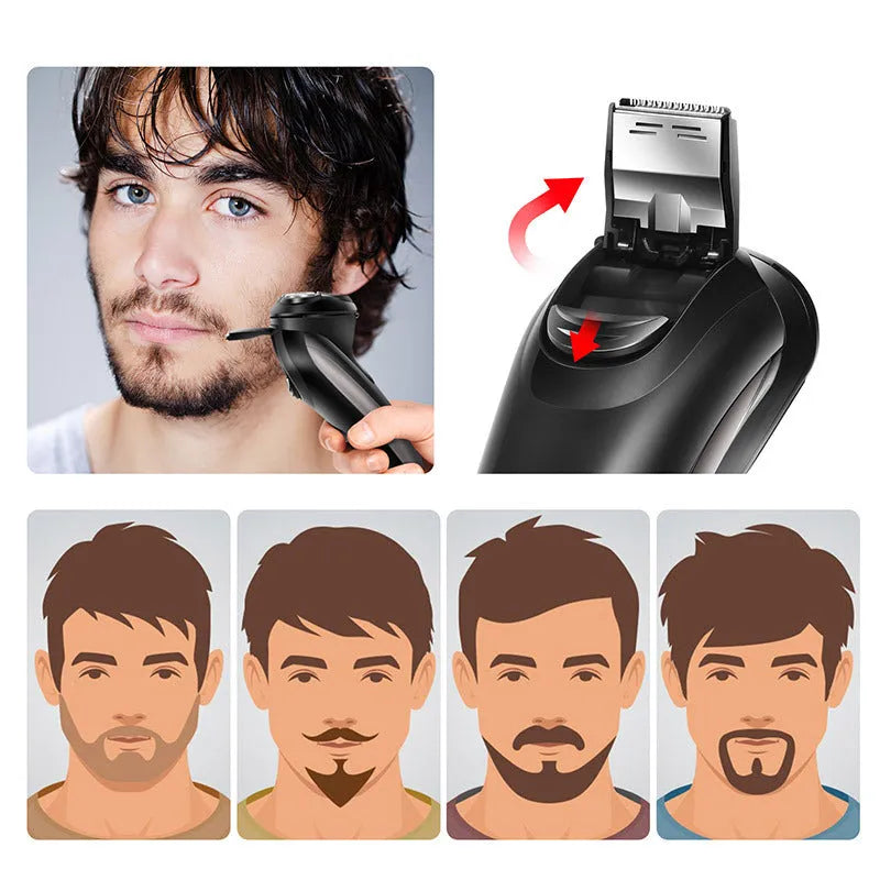 Men's electric shaver with three rotating heads, USB charging cable, and pop-up sideburn trimmer on display