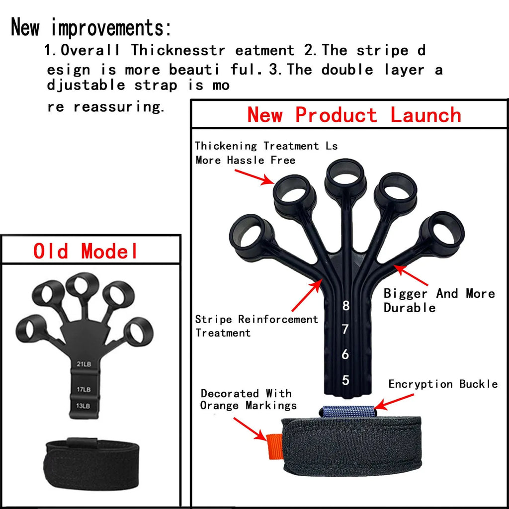 Black and grey silicone finger trainer with adjusting belt for rehabilitation and abdominal exercises.