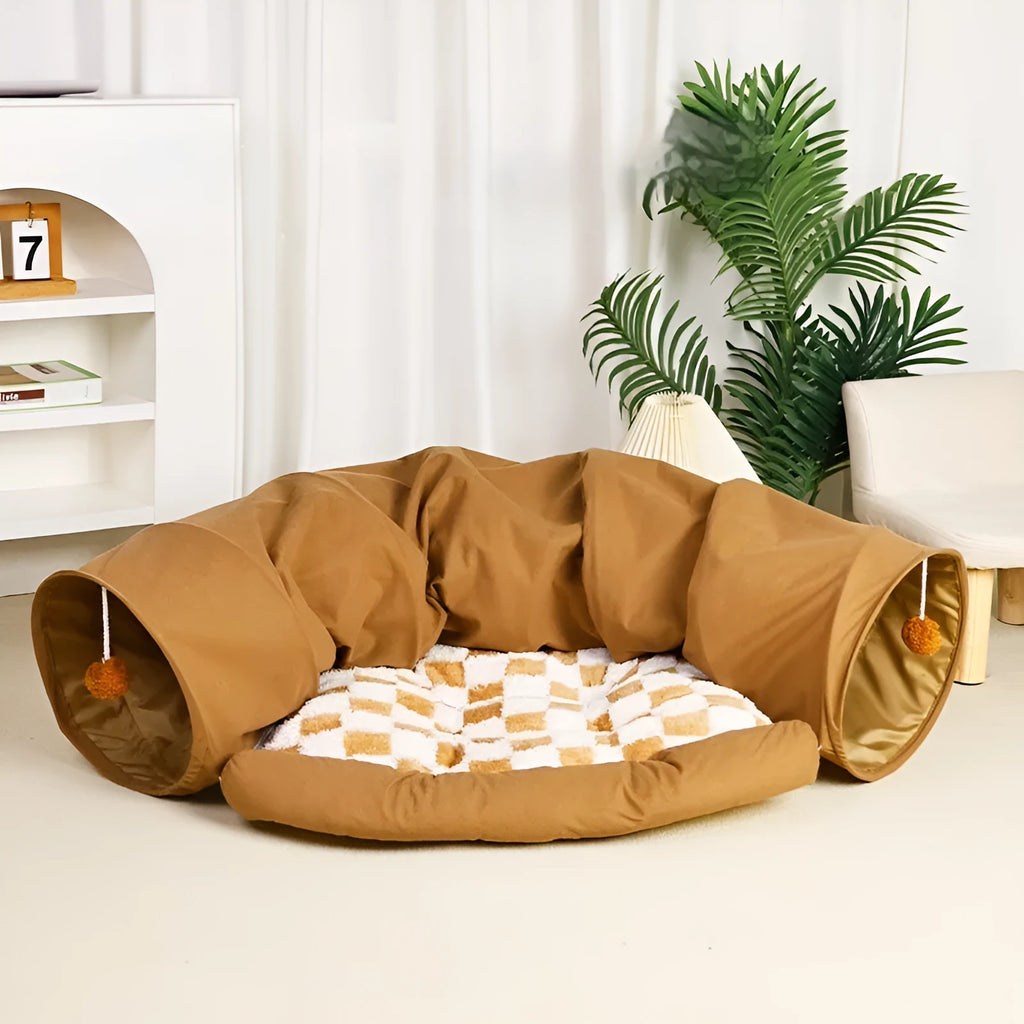 Cloth cat nest pet bed in khaki, grey or British Plaid with boredom toy facility