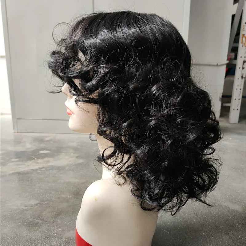 Black synthetic Afro wig with long curly hair in short European American style