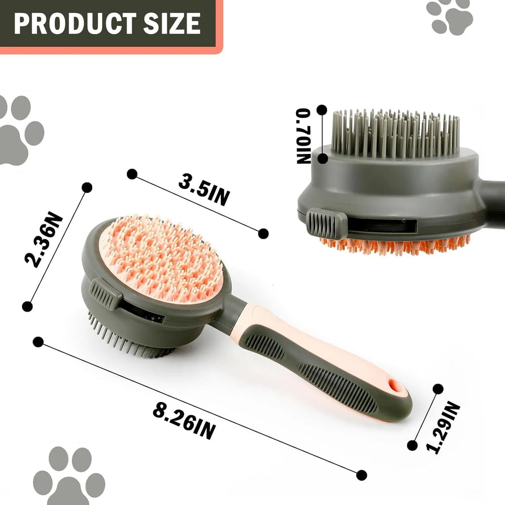 Double sided pink cat brush with release button and flea comb for grooming