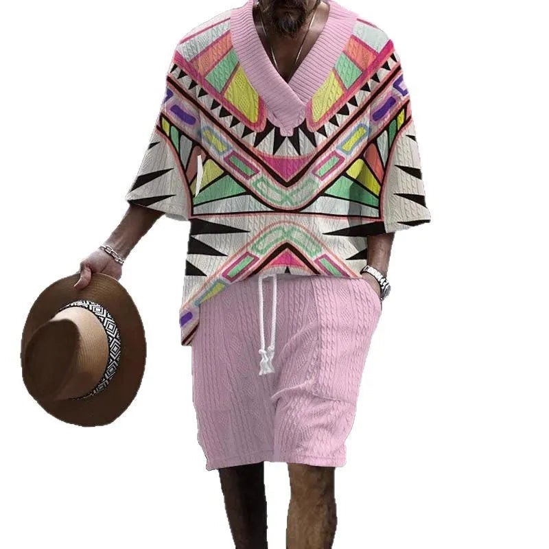 Man wearing a loose blue short sleeve casual suit top and matching shorts from the BMZJTZ colour range.